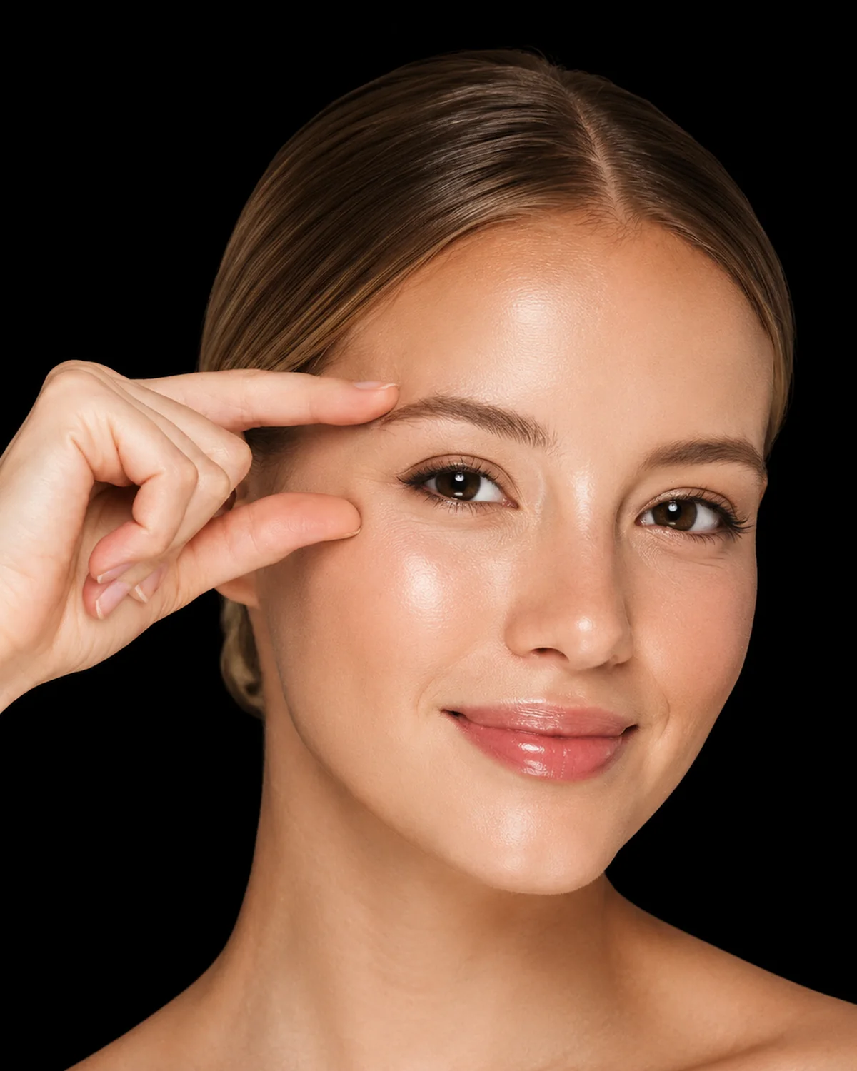 Young woman with radiant skin pointing to the expression-line area, micro-dose baby botox at Centro Eudermia in Cagliari